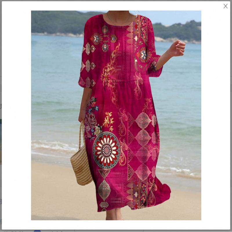 Women's Round Neck 3/4 Sleeve Midi Dress Casual Loose Solid Color Beach Vacation Long Dress
