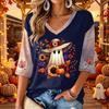 Women's V-Neck Casual Halloween Print Three-Quarter Sleeve Top for Fall Festive Occasions