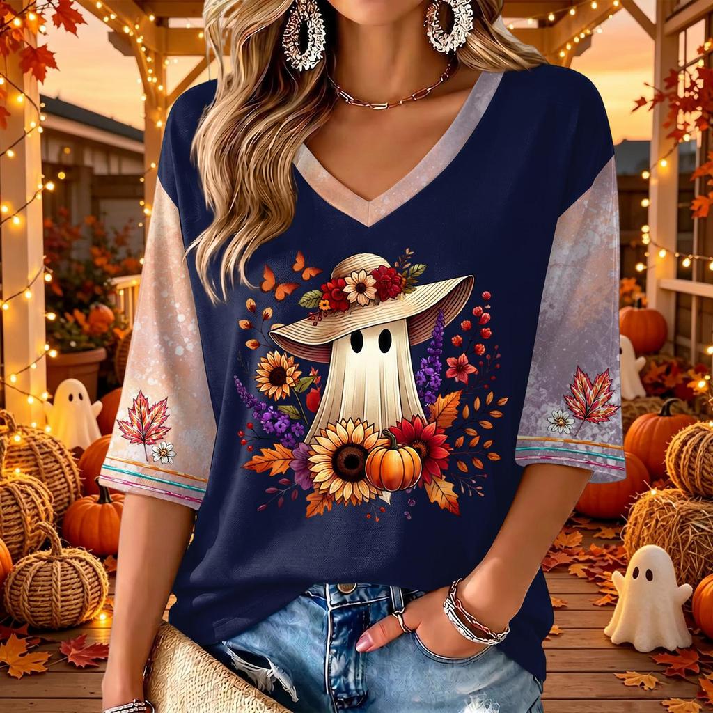 Women's V-Neck Casual Halloween Print Three-Quarter Sleeve Top for Fall Festive Occasions