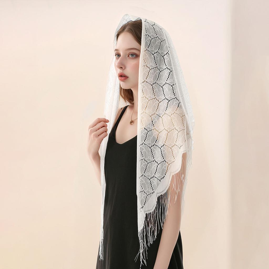 Laven Lace Embroidery Triangle Scarf Hijab Muslim Church Prayer Wedding Mantilla Shawl with Tassels Women White Veil Bandana