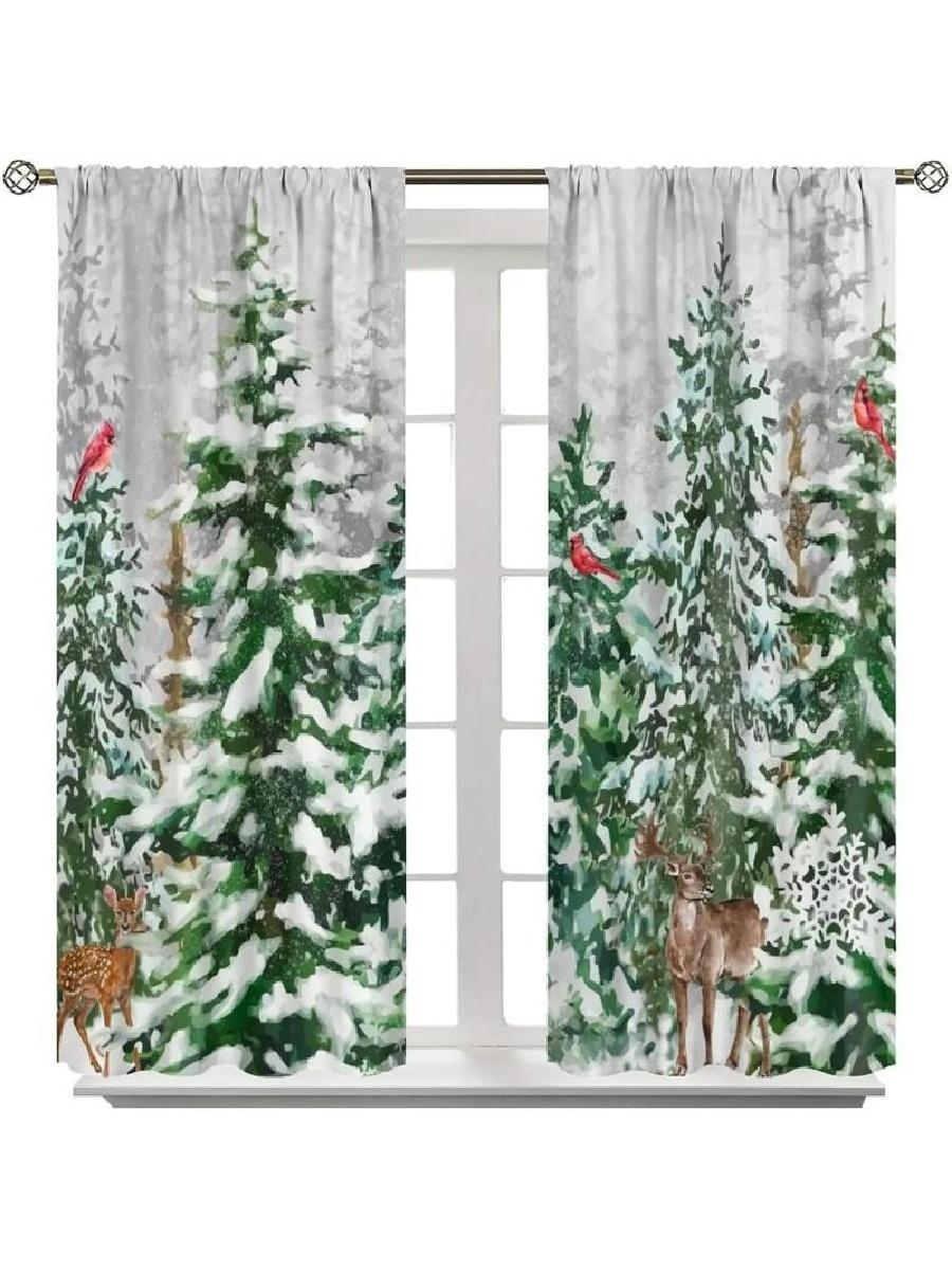 

Set Of 2 Watercolor Winter Forest Printed Curtains Designed Quality Material Ideal Christmas Home Window Light Filtering Made Polyester W100*H70(CM)-Grommet top&2PCS