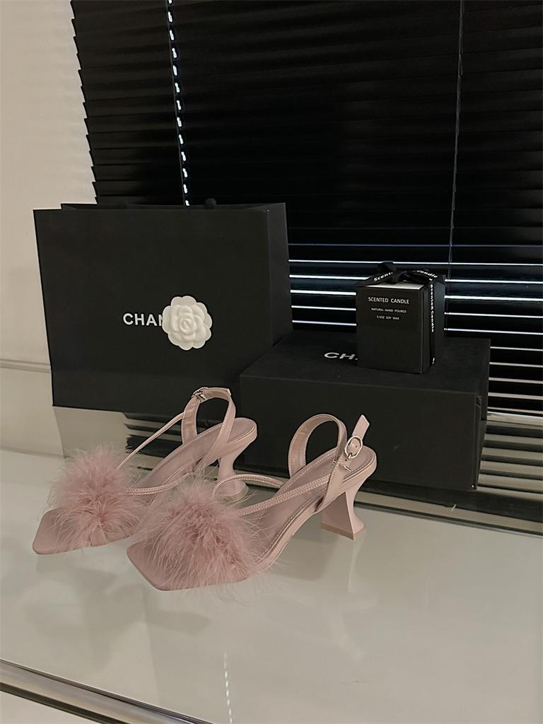 Square Head Thick Heel High Heels Fairy Summer Wear 2025 New Thin Heel Buckle with Mezzanine Toe Feather Sandals