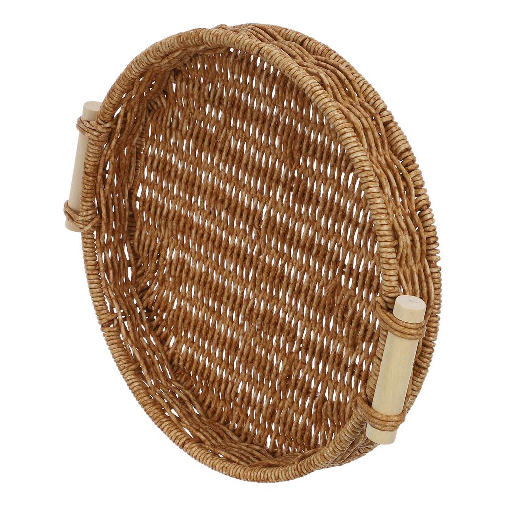 27Cm Round Woven Rattan Tray with Handles Imitation Rattan Storage Serving Basket for Bread Snacks Drinks Fruits Home Decor