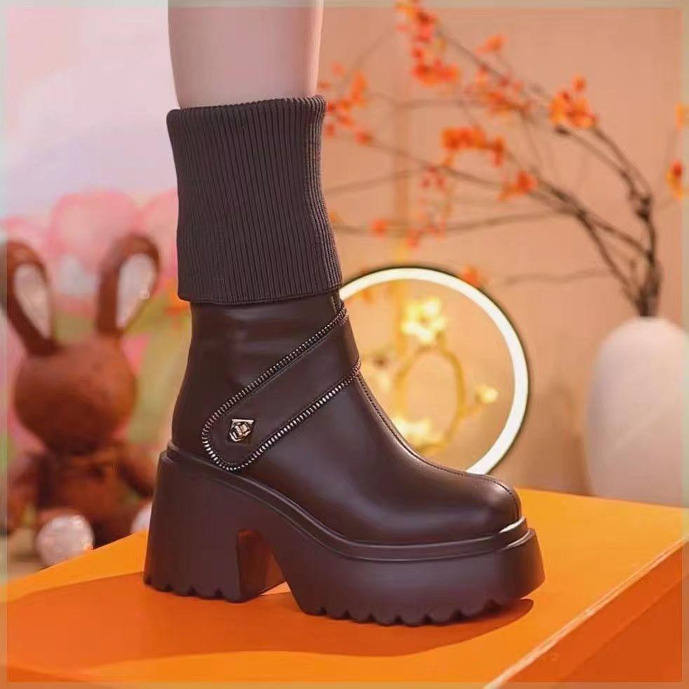 Women's Fashion Round Toe Thick Sole All-match Ankle Boots Chunky Heels Platform Comfortable Short Boots Increase Shoes 2024