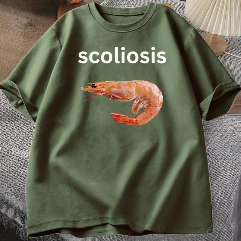 Shrimp with Scoliosis Graphic T Shirts Funny Curved Shrimp Meme T Shirt Seafood Humor Tee Cotton Short Sleeve Round Neck Tops
