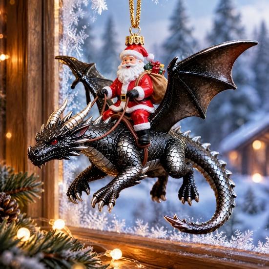 Christmas Door Window Decor Santa Claus Dragon Rider Ornament, 2D Acrylic Red Unique Xmas Ornament for Home with Flying Tree Hanging Decorations