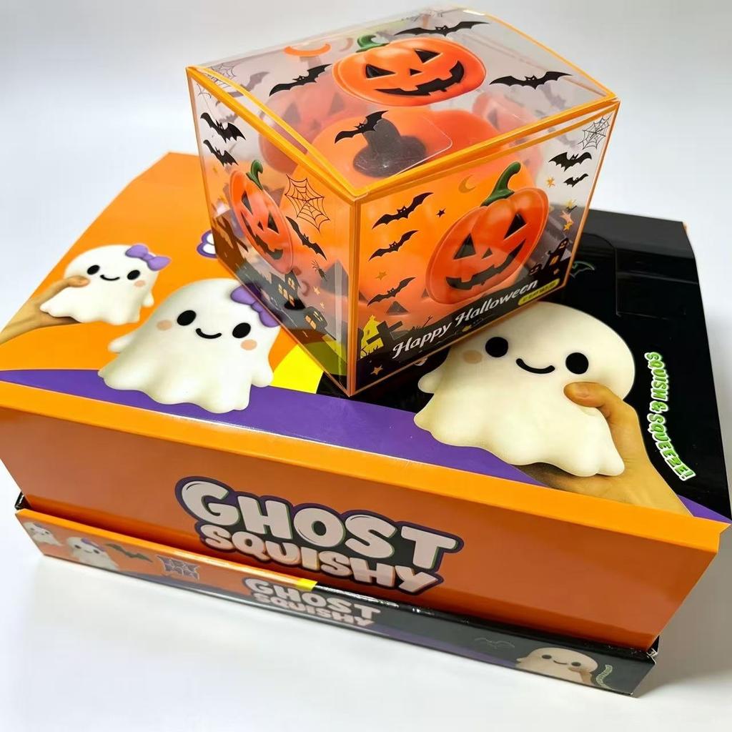 Large Halloween-Themed Rubber Squishy Ghost & Pumpkin Head Stress-Relief Toy