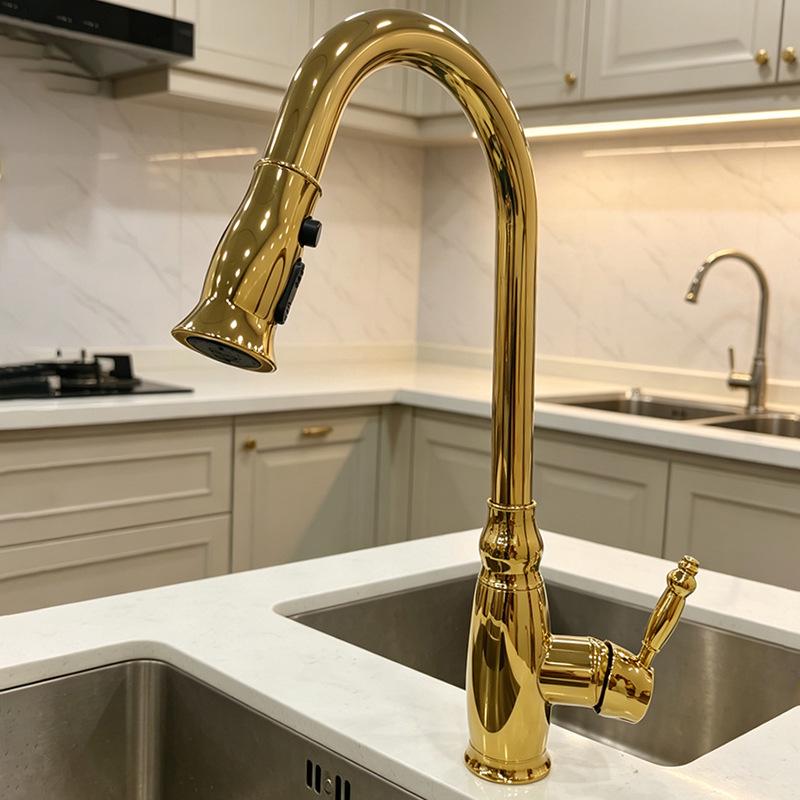 Elegant European-Style Brass Kitchen Faucet with Pull-Out Sprayer for Hot and Cold Water