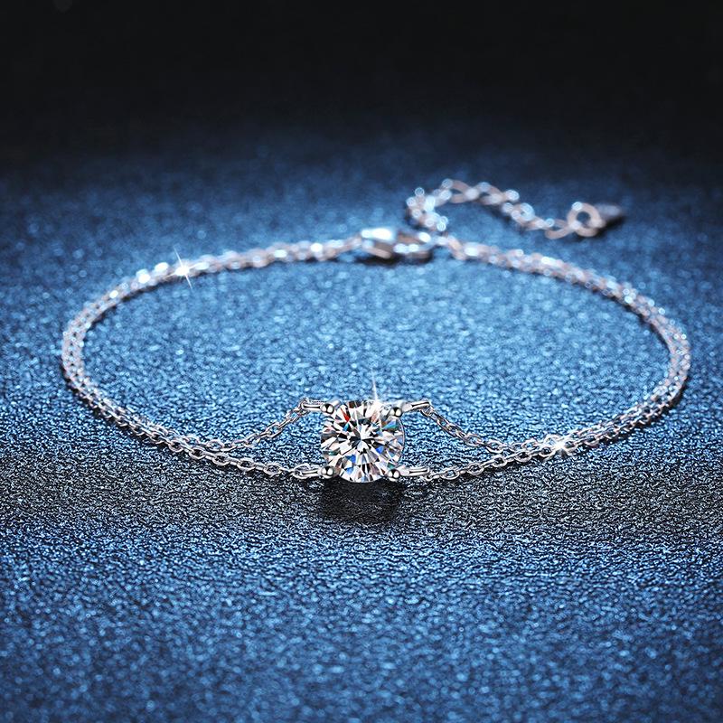 Women's Double-Layer Light Luxury Moissanite Bracelet In S925 Sterling Silver, Featuring a Four-Prong 1-Carat Moissanite Stone.