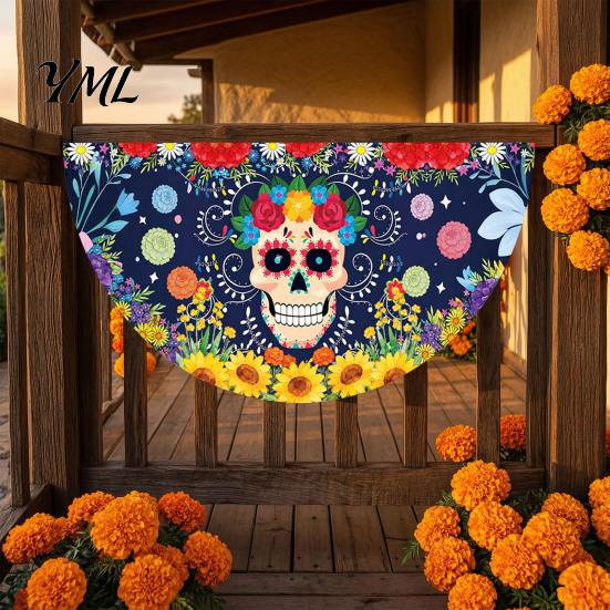 Durable Polyester Bunting Day of The Dead Skull Banner, Marigold Print Fiesta Decorative Wall Hanging Flag, Colorful Sugar Outdoor Yard Party