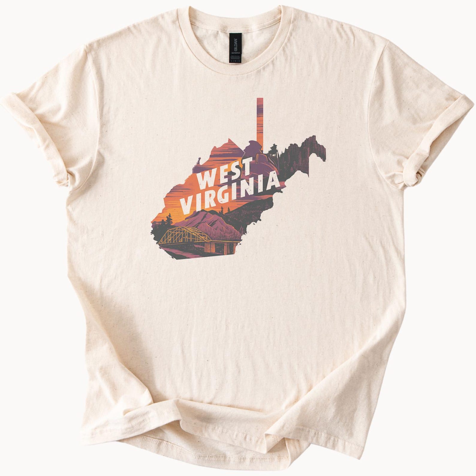West Virginia Graphic T Shirt Mountain Sunset State Outline Scenic Bridge Nature Art Outdoor Adventure Shirt Gift for West Virginia Lovers 130