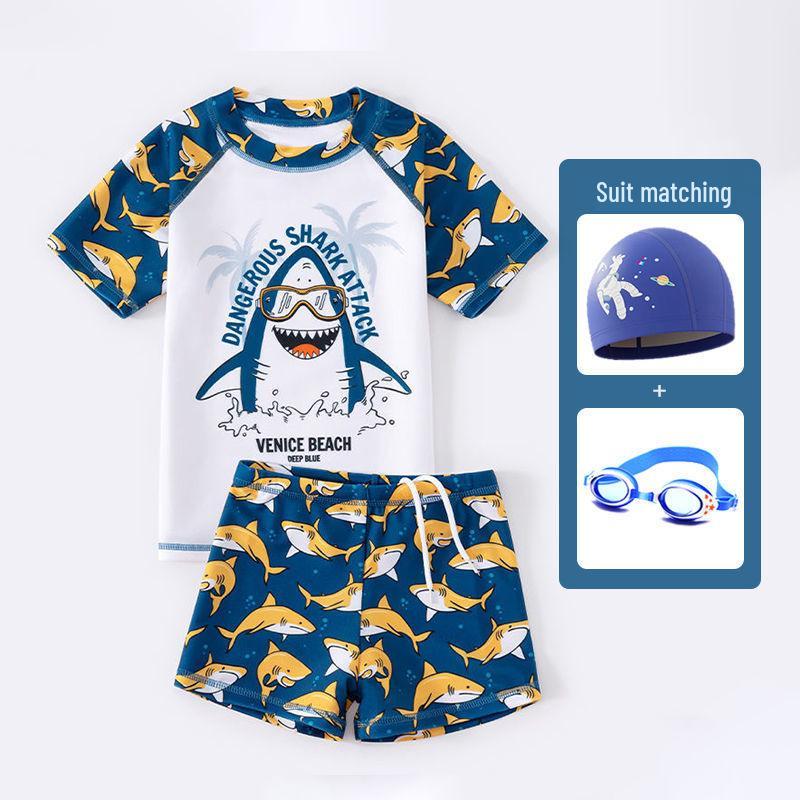 

2024 Boys Cute Shark Short-Sleeve Swimsuit Set - Quick-Drying Sun Protection 140 cm
