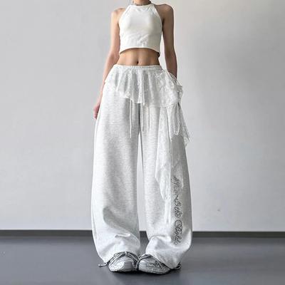 New Women's Lace Patchwork Wide Leg Pants, High Waist Drawstring Straight Leg Sweatpants with Designer Detail for Spring Summer