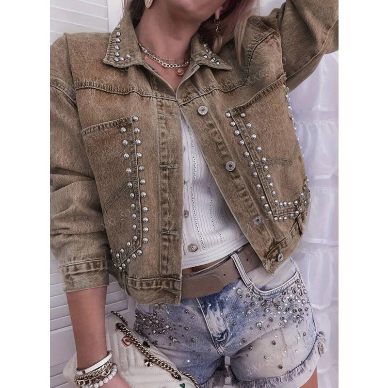 

HME Women s Khaki Rivet Denim Jacket - Long Sleeve, Lapel, Short Coat Small хакі