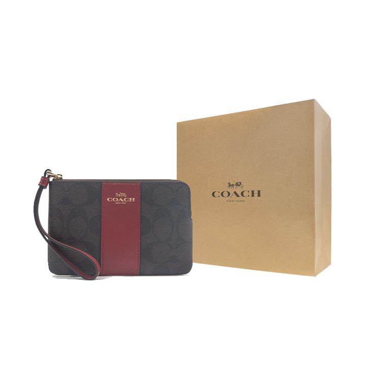 New COACH Corner Zip Canvas With Leather Wrist Bag Clutch Coin Purse Women's Dark Brown & Red 58035-IMRVQ