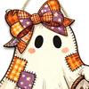 Cute Ghost Plaque Halloween Bow Door Sign, Wooden Patchwork Hanging with Pumpkin Candy Basket, Wood Craft Decoration Retro Wall Pendant Lanyard