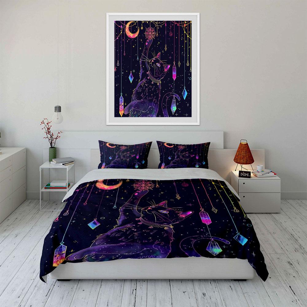 Black Cat Mystic Decor Set Soft Comfortable Duvet Cover Bedding Set Included 1*Duvet Cover & 2*Pillowcases, Gift