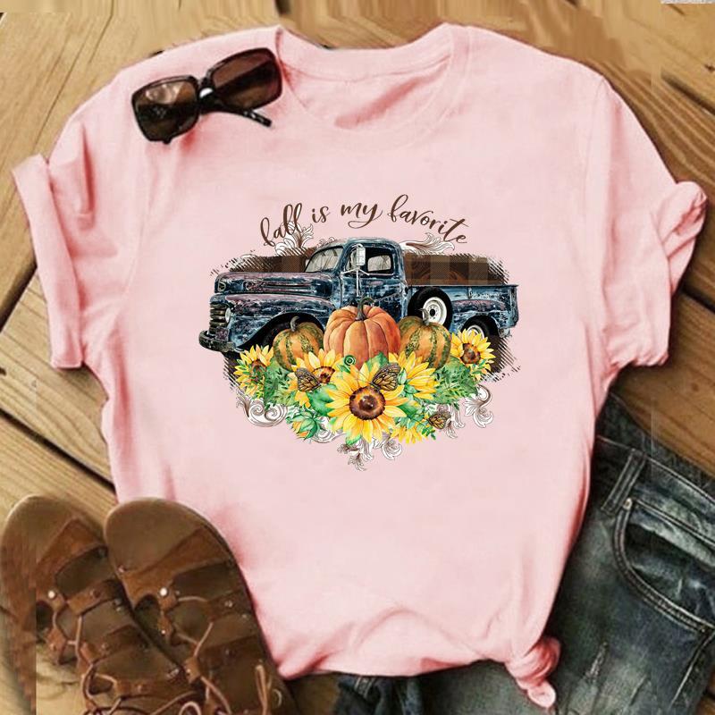 Autumn Maple Leaf Halloween Thanksgiving Print ShortSleeved TShirt European American Style Aesthetic Top for Unisex Women
