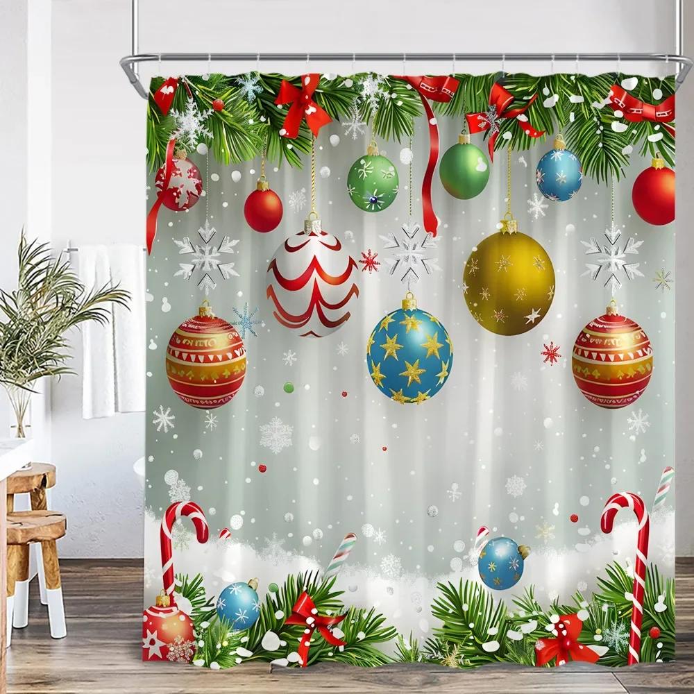 Chritsmas Shower Curtain Red Silvery Ball Xmas Balls Snowflake Pine Leaves Merry Christmas Winter Polyestert Bath Curtain Decor