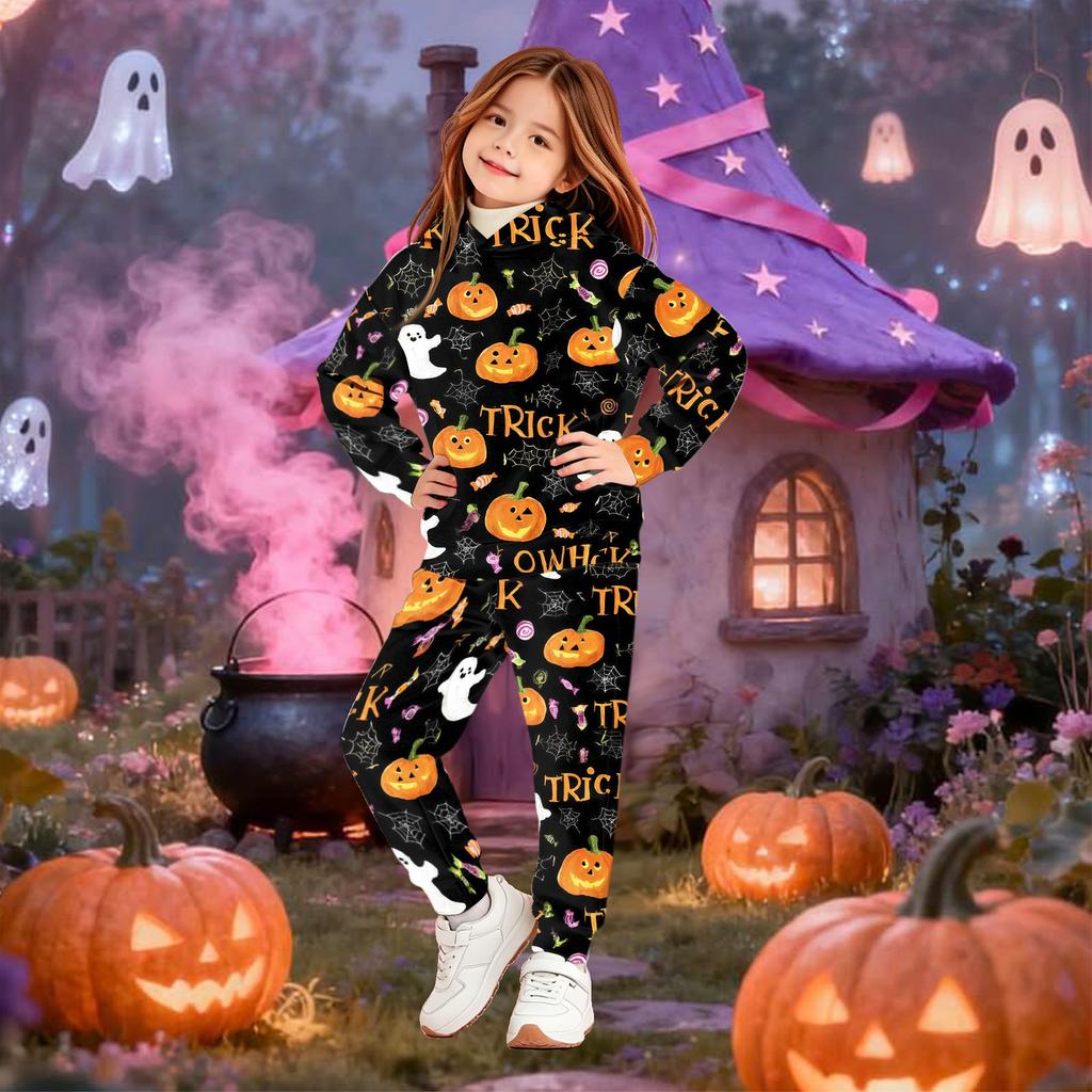 Kids' Hooded Sweatshirt Set with Halloween Print Pullover Top and Matching Pants for Boys Girls