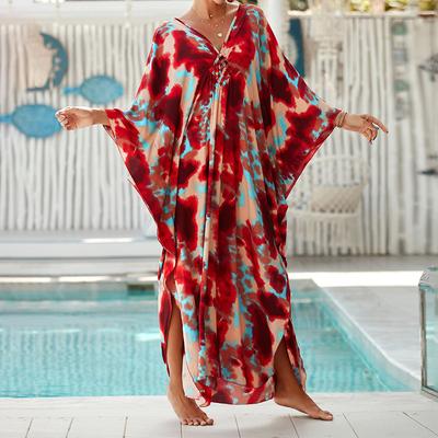 Women's Boho Cover Up, Plus Size Contrast Loose Fit Vacay Beach Kaftan Dress
