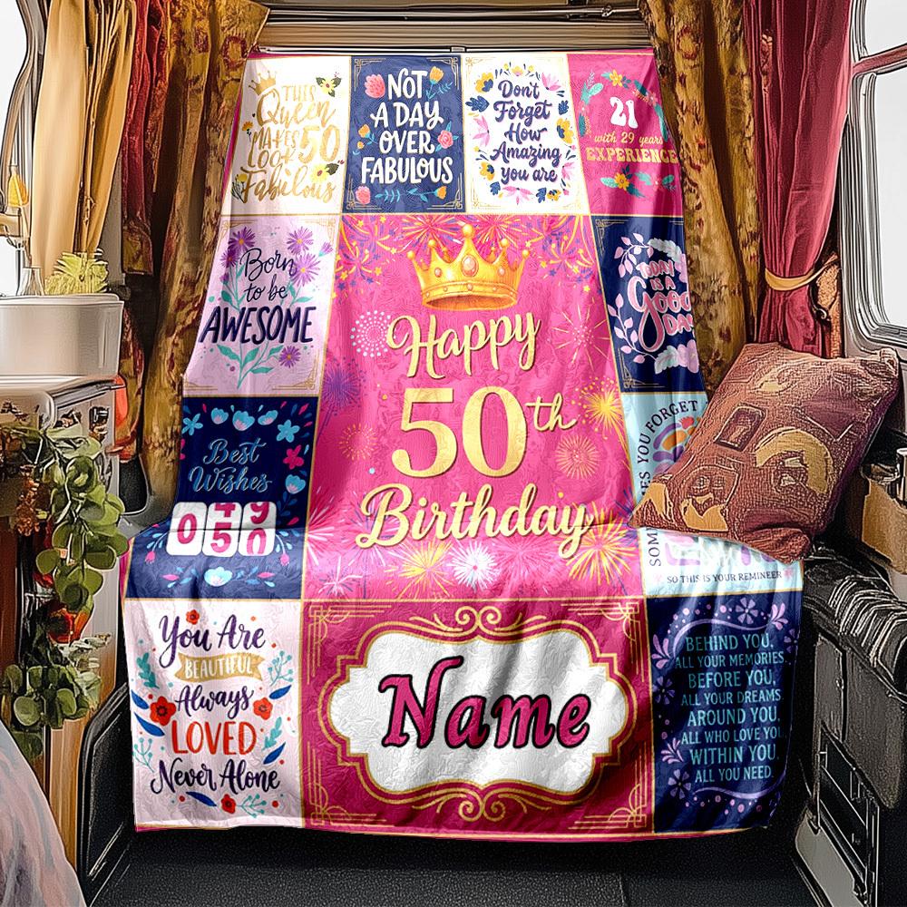 Happy 50Th Birthday Blanket Personalized Name Soft Comfortable Stylish Blanket Car Blanket Perfect For Travel Camping Outdoor Home Suitable For All