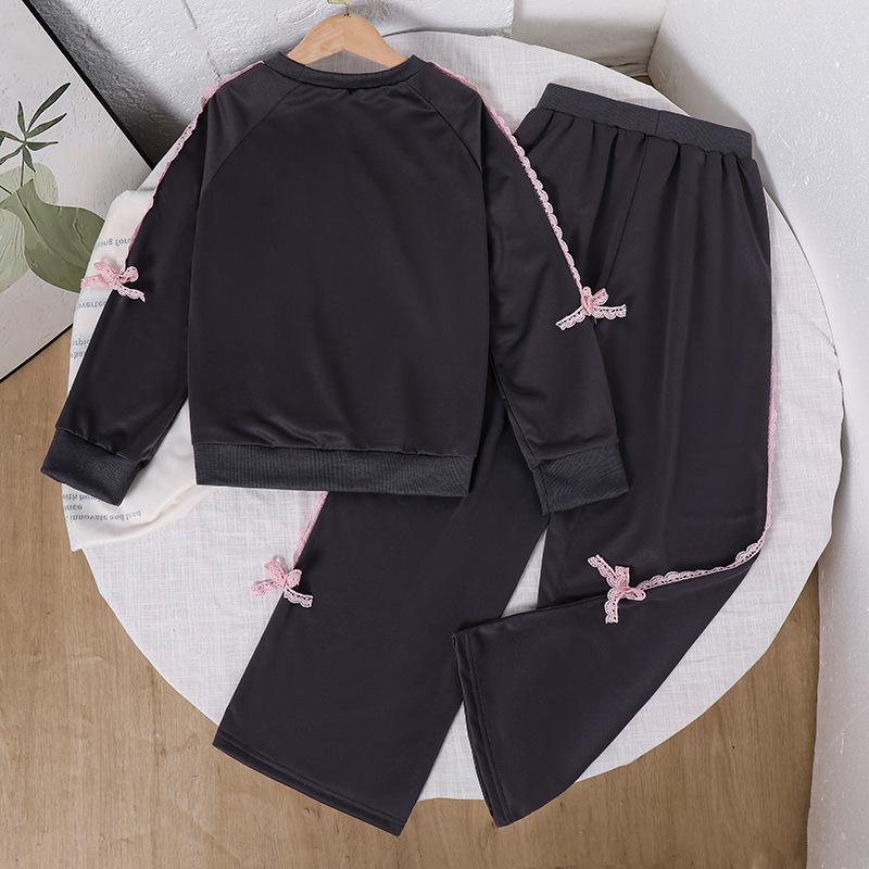 Girls' Casual Set 2025 Autumn Children's Fashion Sweet Bow Tie Patchwork Long-sleeved Sweatshirt Stylish Wide-leg Pants