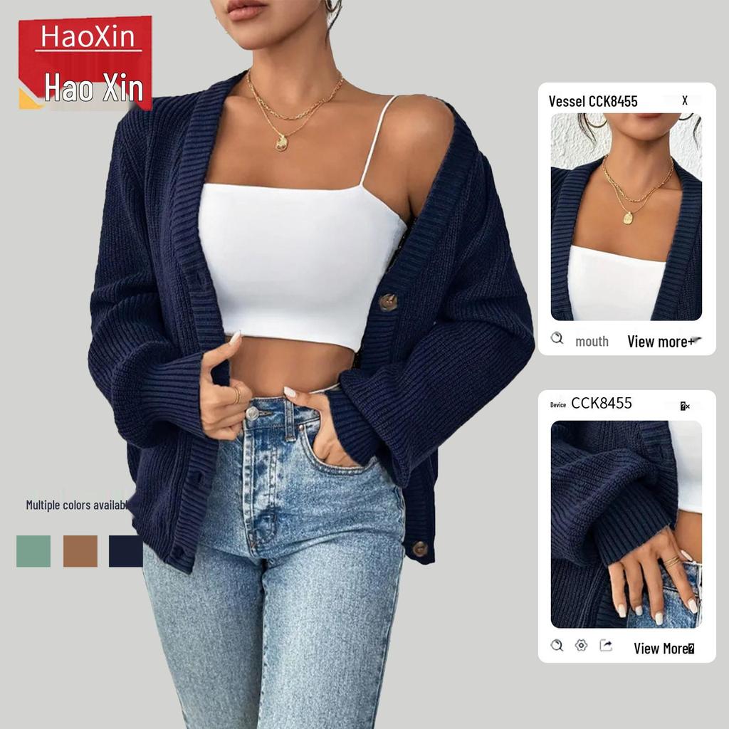Women's V-neck Knit Cardigan - Autumn/Winter Solid Color Casual Sweater