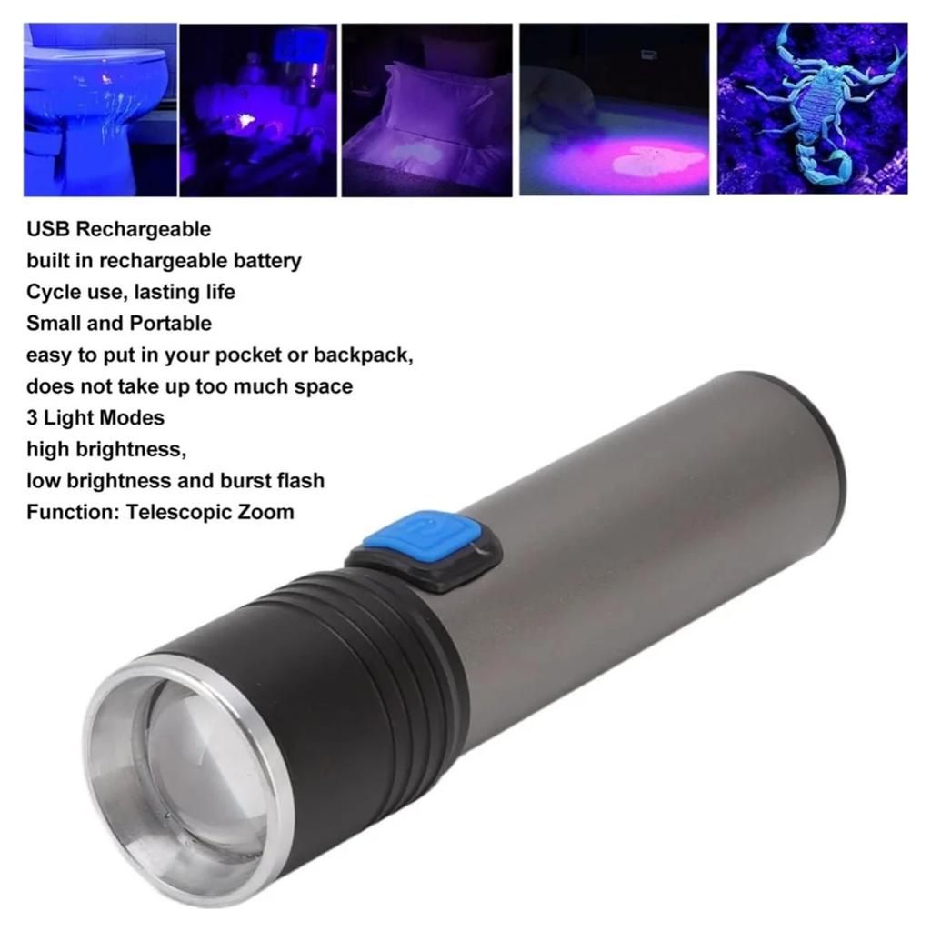 Uv Led Flashlight Blacklight Flashlights Torches 395nm Violet Ultraviolet Aluminum Portable 3-light-modes Usb Recharge Detection