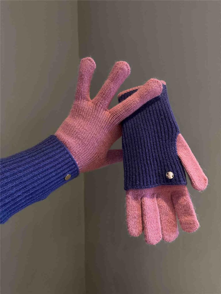 Maillard Wind Long Short Dual-purpose Color Matching Knitted Gloves Wool Can Be Played Mobile Phone Warm