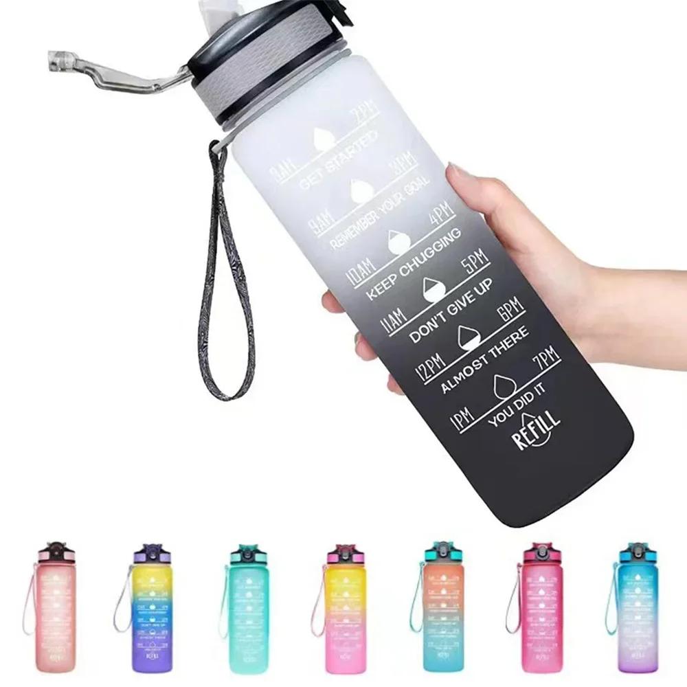 

1L Sports Bottlewith Time Marker Gradient Color Motivational Bottle Leakproof Portable For Outdoor Travel Gym Fitness Office 1 L