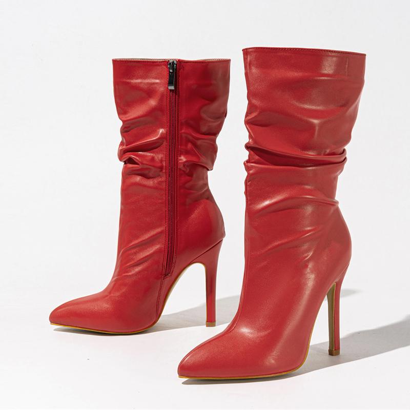 

Высококачественные однотонные черные плиссированные кожаные ботинки для женщин, сексуальный острый носок, для вечеринки, ночного клуба, стриптизерши, каблуки, ботильоны на молнии, обувь 42 красный