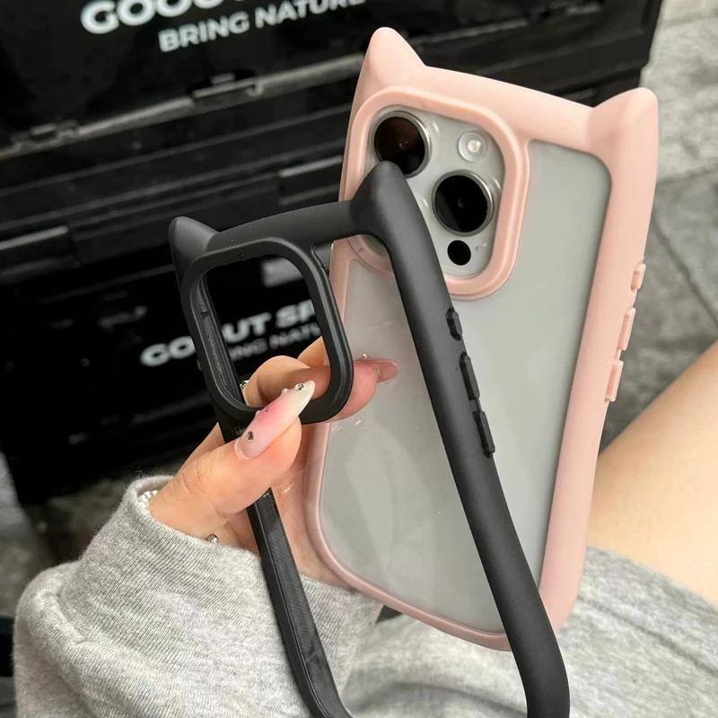 Cute Cat Ear Transparent Case For iPhone 17Air 12 13 14 15 Pro Max 11 16 Shockproof  Acrylic Back Cover Silicone Kawaii Funda