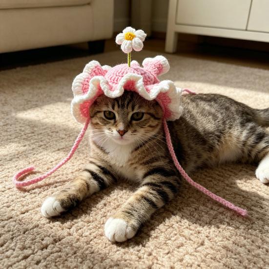 Crochet Flower Cat Hat Handmade Scalloped Pet Hat with Flower Ear Holes Cute Flower Hat for Small Medium Dogs Cats Party Photo Props