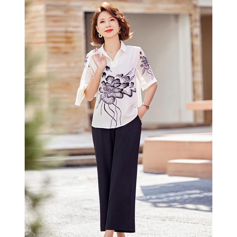 Pasite Floral Print Chiffon Two-Piece Outfit for Middle-Aged Women