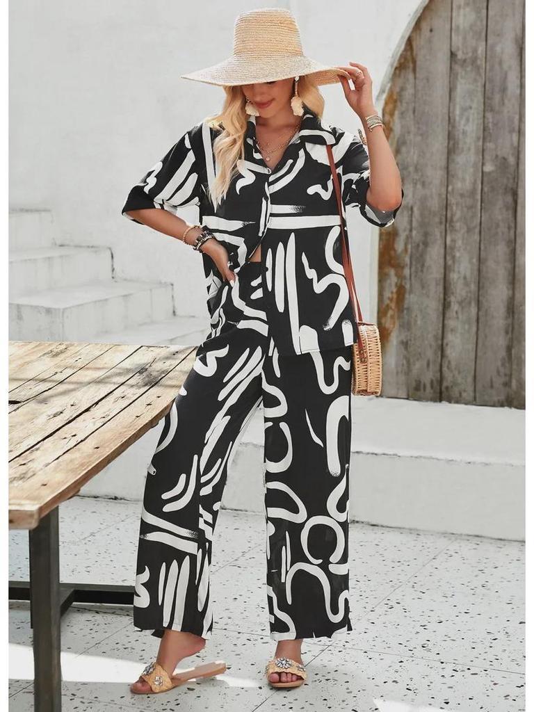 Diyun Pomichia Damen Frühling/Sommer 2025 Lässiger bedruckter Hosenanzug mit kurzen Ärmeln