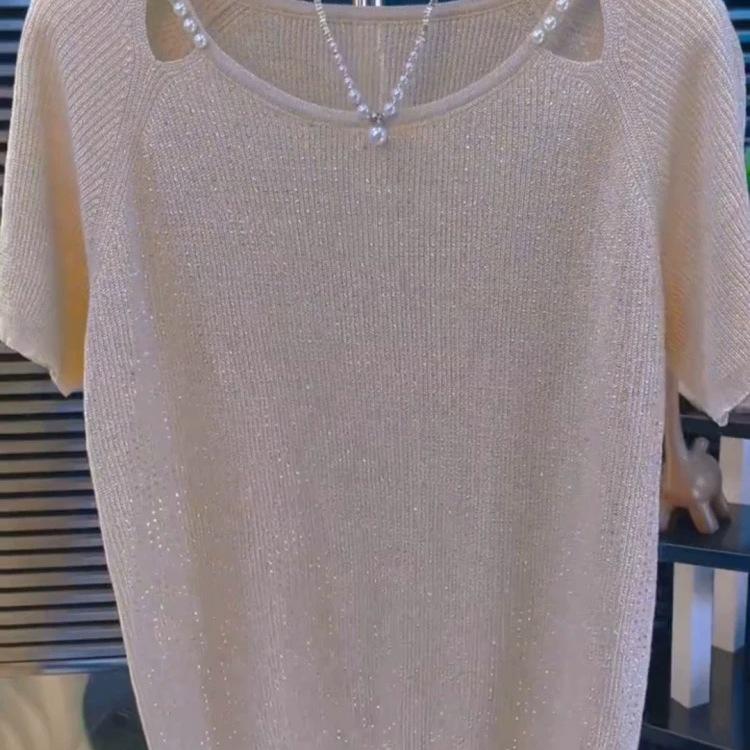 2025 Sommer Stricktop mit Strasssteinen: Vielseitiges Mode-T-Shirt mit kurzen Ärmeln für Damen
