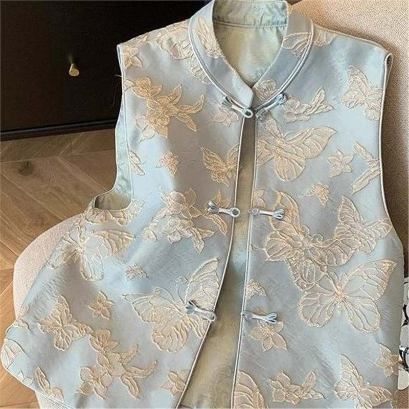 Spring new high-end vest femininity vest top butterfly relief jacquard stand-up collar vest female
