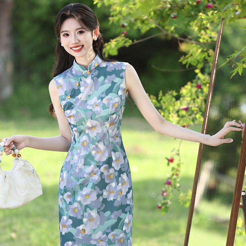 Grün ärmellos nationaler Stil neu Chinesisch Suzhou langer Cheongsam verbessert jung 1011 neu Damen hoher Sinn Sommer
