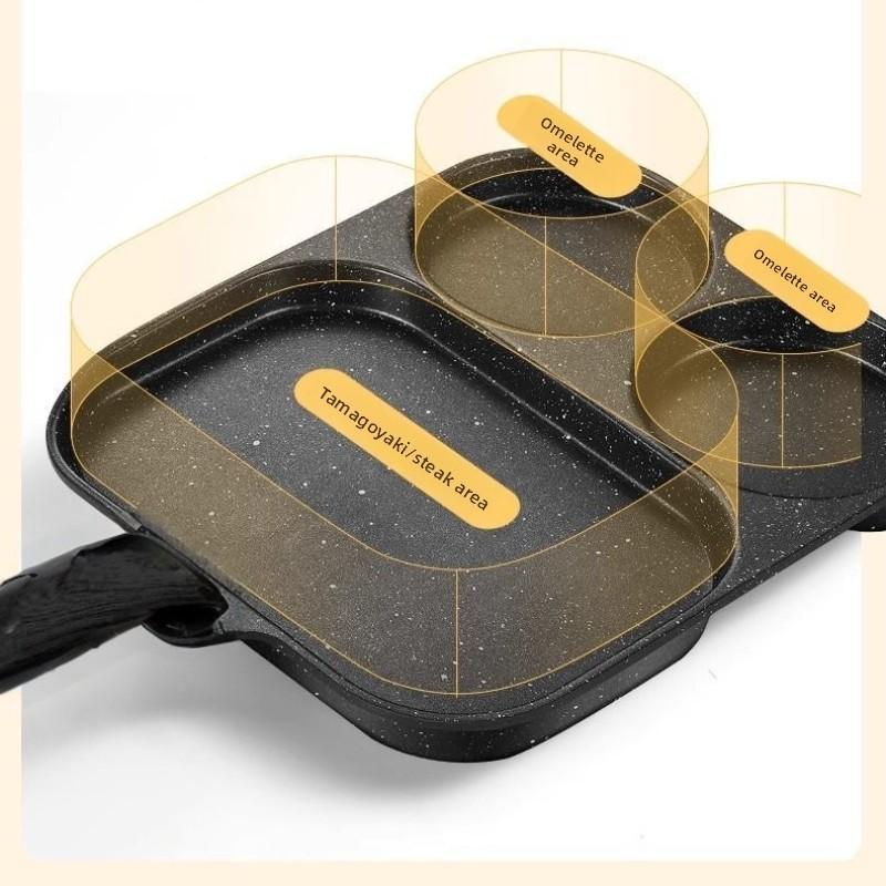 Three-Grid Curved Handle Anti-Scald Breakfast Frying Pan Household Egg Frying Pan Steak Egg Burger Non-Stick Pan Magic Tool