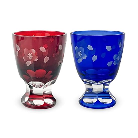 Takumibifu Dinner Luxe Kiriko Glass Cup Pair Sake Cup 59xH80mm 80cc Sakura Red & Blue Koga PNO.3320