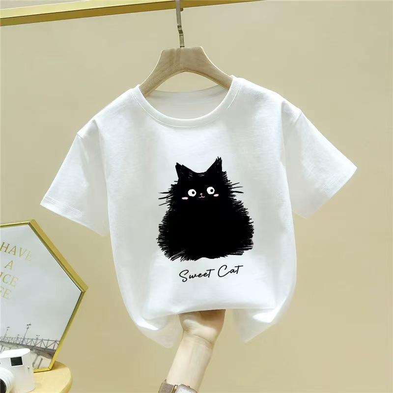 Summer Kids Cotton Short Sleeve T Shirt Cute Cat Print Boys Girls Half Sleeve Top