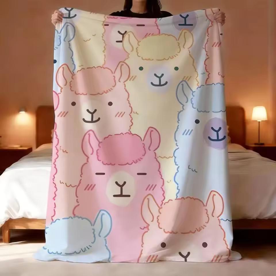 Alpaca cute Throw Lightweight 240g Flannel Blanket Soft Skin-friendly for Summer Cooling