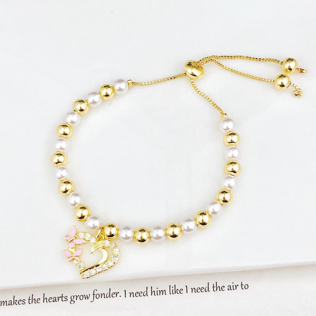 Classic Pearl Chain Heart-Shaped Bowknot Zirconia Pendant Bracelet High-Quality Women Girls Daily Party Jewelry Birthday Gift