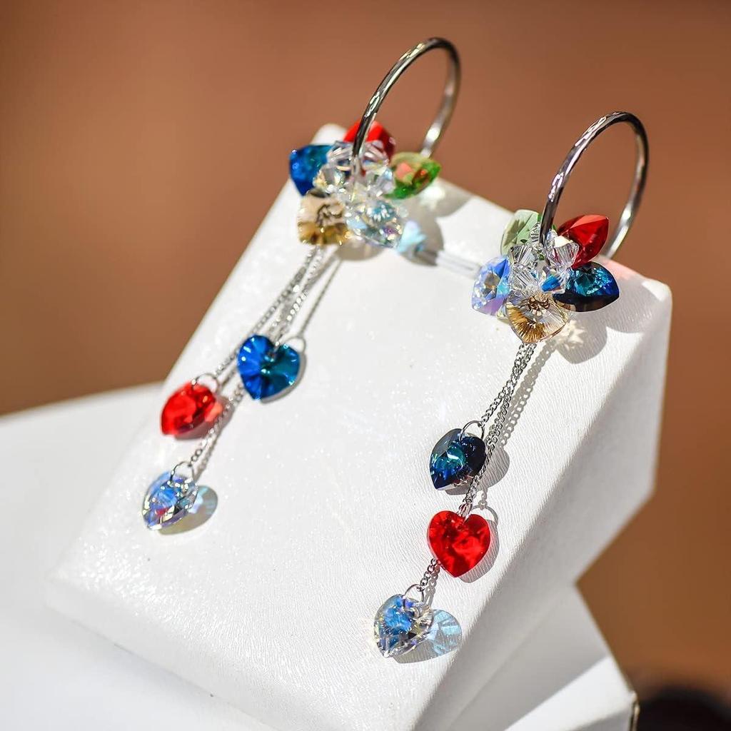 925 Sterling Silber handgefertigte Creolen, AuraSelene, schillernder Blumenstil mit bunten Kristallen, lange Quasten, Boho-Baumwoll-Ohrhänger