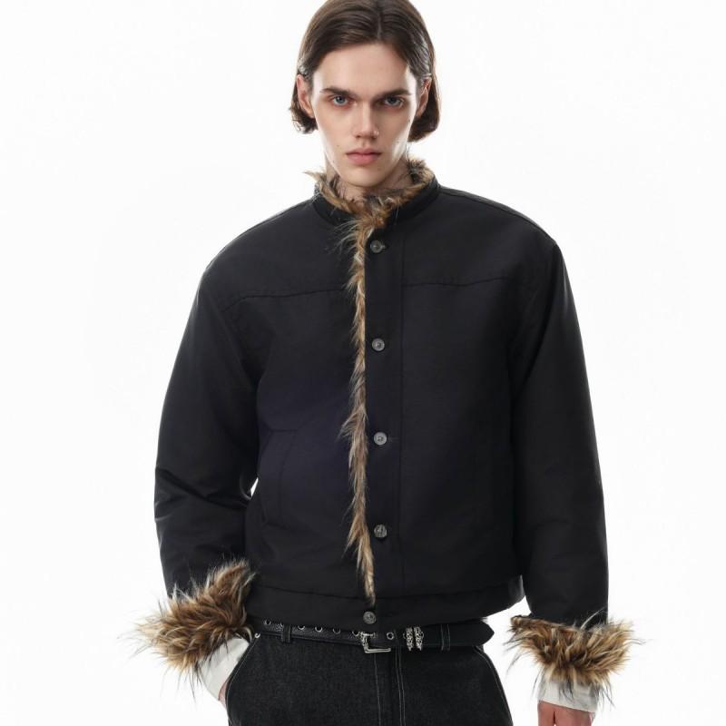 Winter Fleece Lined Cotton Puffer Jacket Men Vintage American Style Warm Coat With Fur Collar