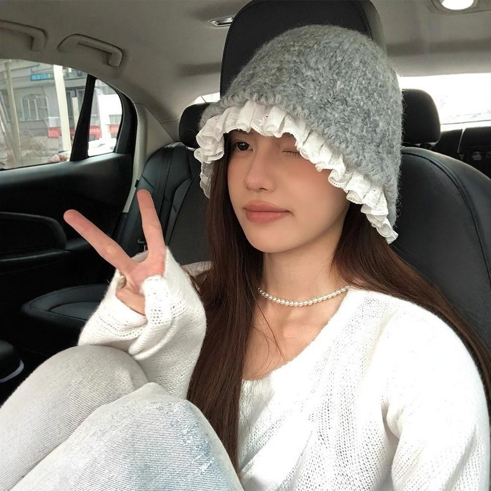 Solid Color Knitted Fisherman Hat Yarn Beanie Hat Sweet Women Bucket Hat  Women