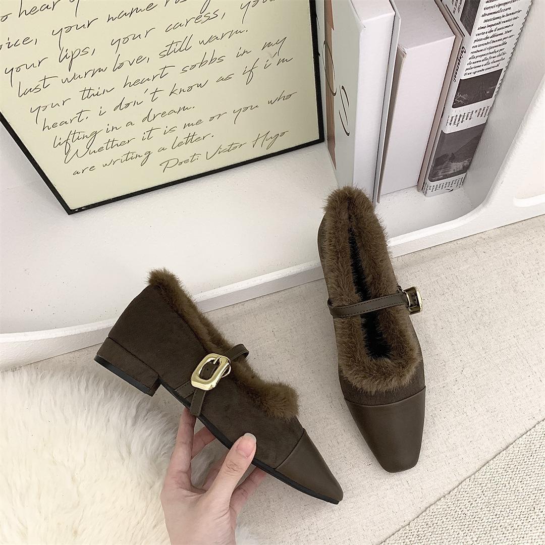 

Французские туфли на низком каблуке из плюша Туфли Мэри Джейн Одинарные женские туфли Сезонные теплые хлопковые туфли Вечерние 40