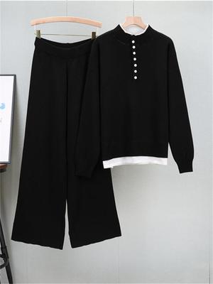 Damen Herbst Locker Kleiner Duftstil Falsches Zweiteiler-Pullover-Set Gestrickte Weitbein-Hose Zweiteiler-Set