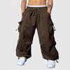Men Cargo Pants Drawstring Elastic Waist Loose Deep Crotch Multi Pockets Solid Color High Street Soft Breathable Full Length Men Long Trousers
